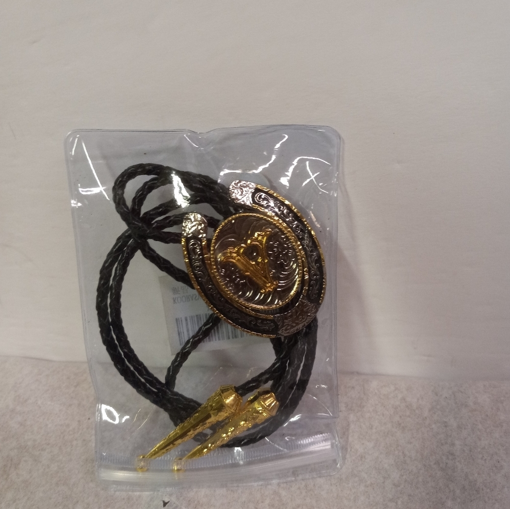 Wesrern Bolo Tie Fashion Jewelry Letter "V" GoldTone W/ Silvertone Trim